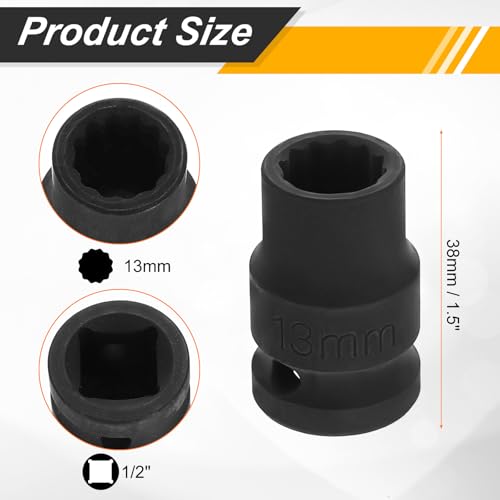 Image of HARFINGTON 2pcs 1 /2 inch Drive x 13mm Shallow Impact Socket 12-Point Metric CR-V Steel Spindle Nut Impact Flip Sleeve for Home Auto Nuts Bolts Repair