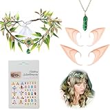 WUERKIYA Orejas de Elfo + Corona Floral + Collar Turquesa + Pegatinas de Diamantes de Colores, Set de 2 Pares de Orejas de Elfo, Accesorios para Cosplay, Fiesta de Disfraces, Halloween, Carnaval