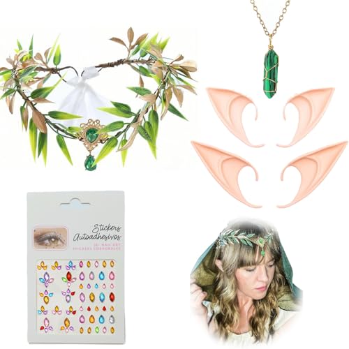 Oreilles d'elfe + Couronne fleurie + Collier turquoise + Autocollants en diamant colorés - Accessoires de déguisement pour soirée, cosplay, Halloween et...