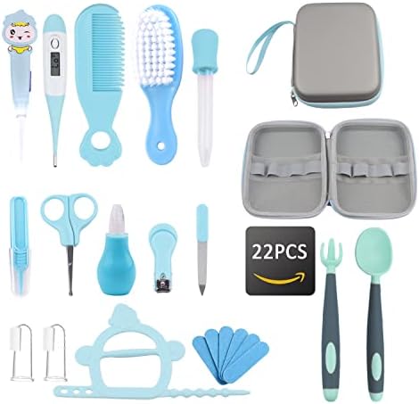 Baby Healthcare and Grooming Kit 22Pcs, Grooming Kit for Baby Boy, Newborn Grooming Kit with Comb Brush Set, Imitation Leather Case, Bendable Spoon Fork. Thoughtful Gift to First-time Parents