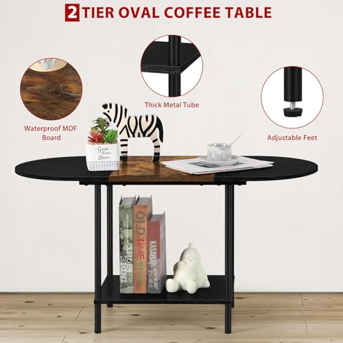 ETELI Small Black Coffee Tables Oval Center Table with Storage and Open Shelving Round Coffee Tea Tables for Living Room, Small Space, Home Office, Brown & Black