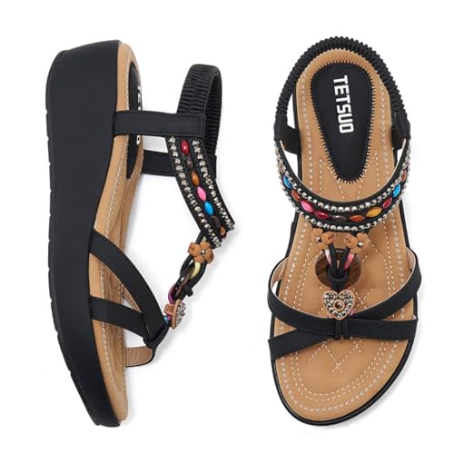 TETSUO Sandals Women Platform Wedge Low Heels Sandals Dressy Flower Summer Beach Rhinestone Casual Shoes for Women Walking Elastic Ankle Strap Open Toe Bohemia Shoes2