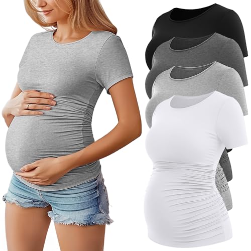 Geyoga Lot de 4 T-Shirts de Maternité pour Femme, à Manches Courtes, Col Rond, Coupe Décontractée avec Fronces sur Les Côtés(Noir, Gris Clair, Gris...