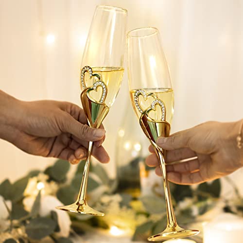 LANLONG Wedding Champagne Goblets Toasting Flute Glasses for Bride and Groom Creative Deluxe Glass Cups with Rhinestone Rimmed Heart Decoration Gift Set - Image 4