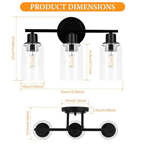Image of 3-Light Black Bathroom Light Fixture Over Mirror, 3-Light Bathroom Vanity Light Over Sink, Black 3 Bulb Wall Light for Mirror