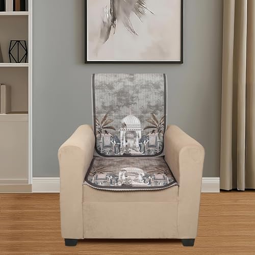 Image of Velvet Single Seater Sofa Cover with 2 Seat and Back Covers - Elephant Dome Design - Washable Fabric - Stylish Sofa Cover for Modern Living Room (Brown, 1 Seater Without Arm Covers)