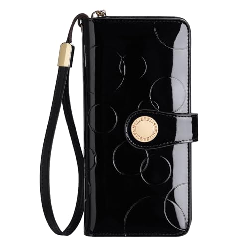 Ladies' fashionable leather wallet, large capacity with multiple card slots, zipper and snap closure, RFID shielded credit card holder for protection, long wallet with wrist strap (Black)
