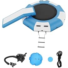 Happybuy Inflatable Water Bouncer, 10ft Water Trampoline, Portable Swim Platform with Slide, 3-Step Ladder & Electric Air Pump, Floating Rebounder for Pool/Lake