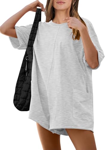 ANRABESS Women Summer Oversized T-Shirt Tee Romper Casual Baggy Short Sleeve Overall Athletic Workout Jumpsuit Trendy Outfits Light Grey Small