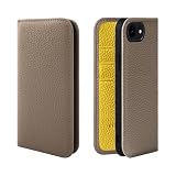HANATORA for iPhone 17e 16e ケース 手帳型 本革 スマホケース スマホ スタンド コードホルダー 付き シュリンクカーフレザー マグネットなし グレージュ + イエロー PH-16e-Grege-YL ギフト 誕生日 女性 男性 彼女 お母さん お父さん 人気商品 30代 40代 50代 60代 70代