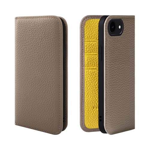 HANATORA iPhone16e ケース 手帳型 本革 スマホケース スマホ スタンド コードホルダー 付き シュリンクカーフレザー ギフト マグネットなし グレージュ + イエロー PH-16e-Grege-YL ギフト 誕生日ギフト 女性 彼女 お母さん お父さん 人気商品 30代 40代 50代 60代 70代