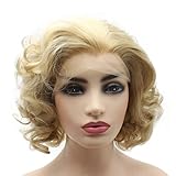 Peakia Short Wavy Ash Blonde Half Hand Tied Lace Frontal Wigs Synthetic, Two Tone Purple, 1.0 Count