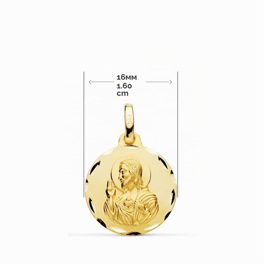 Medalla Escapulario Oro Ley 18K - Tallado Brillo - Virgen del Carmen y Corazon de Jesus - Tamaño a elegir