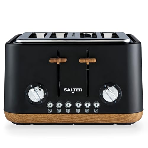Salter EK5823BLKVDE Tostadora 4 rebanadas – Ranuras anchas, 6 niveles de tostado, bandeja desmigajable removible, descongelar, recalentar, cancelar, autocentrante y expulsión alta.