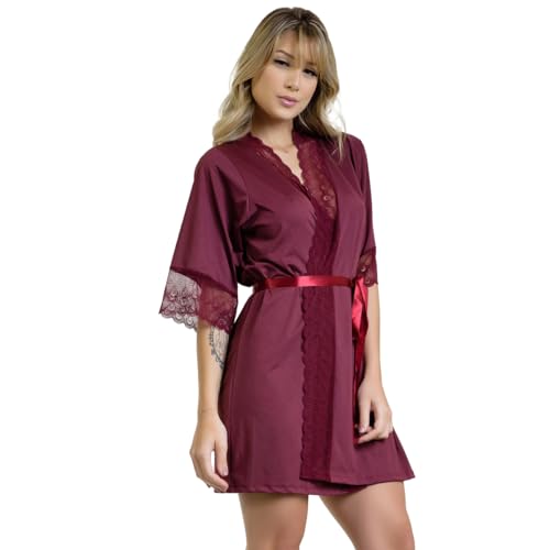 Kit Gestante Camisola Amamentação com Calcinha Pós Parto e Robe (Vinho, G)