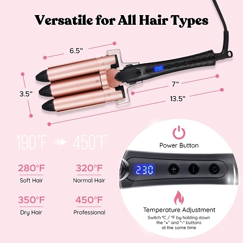 3 Barrel Hair Crimper for Women Beach Waves - Deep Waver Iron for Hair, 3 Barrel Curling Iron, Deep Waver Hair Tool, Crimper Hair Tool - Ondulador de Cabello - 1IN 3 Barrel Hair Waver for Long Hair - Image 5