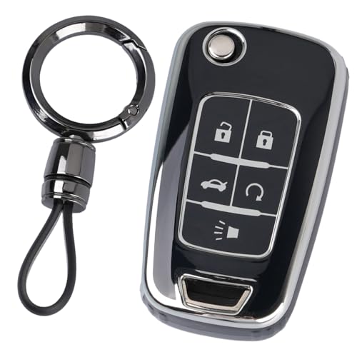WJS Key Fob Cover, Car Key Case Shell Protector Compatible with 2010-2017 Chevy Cruze Malibu Sonic Camaro Impala Equinox GMC Terrain Buick Regal Lacrosse (Black)