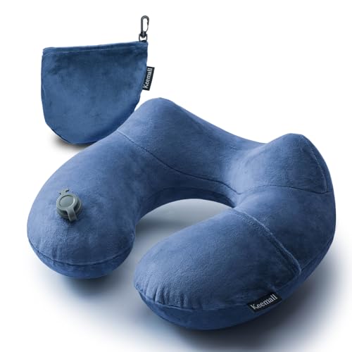 Image of Keemall Inflatable Travel Pillow - Soft Velvet U-Shape Inflatable Neck Pillow for Airplane /Bus /Car, Lightweight Comfortable Support for Long Journeys, Relieves Neck Pain, Navy Blue
