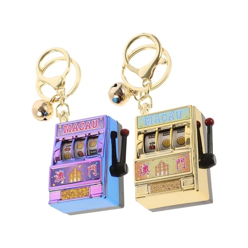 HEMOTON 2pcs Mini Retro Slot Machine Keychain Toy Vegas Keyring Favors Lucky Keychains for Adults Movable Joystick Game