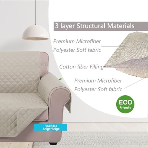 U-NICE HOME Reversible Sofa Cover Couch Cover for Dogs with Elastic Straps Water Resistant Furniture Protector for Pets Couch Cover for 3 Cushion Couch (Sofa, Beige/Beige)