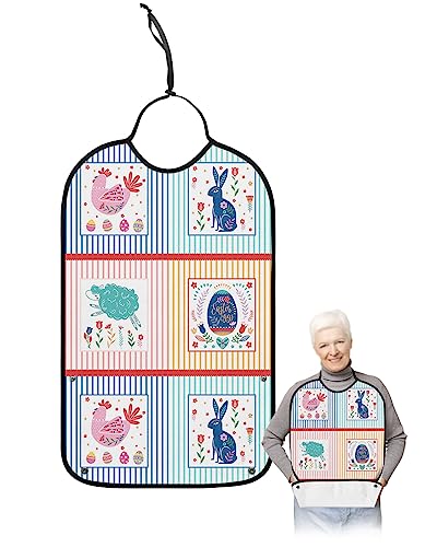 Spring Easter Adult Bibs for Eating, Waterproof Bibs with Food Catcher & Adjustable Snap Closure, Stripe Flower Rooster Bunny Sheep Eggs Splicing Clothing Protectors Adult Bibs for Elderly Women/Men