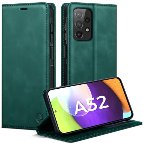 AIMOYU Handyhülle für Samsung Galaxy A52/A52S 5G/4G Hülle Premium Lederhülle Flip Case Magnet Tascher Kartenfach Standfunktion Klapphülle Schutzhülle für Samsung A52/A52S Blau Grün