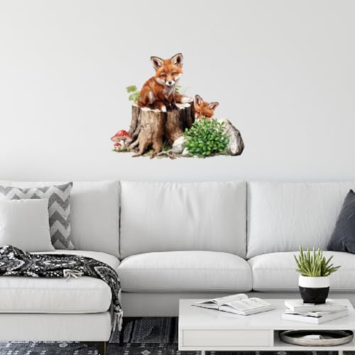 SUPERDANT Stump Fox Wall Stickers Carton Foxes Wall Decals Cute Animal Mushroom Vinyl DIY Art Decor for Baby Nursery Children Bedroom Living Room Wall Decor 70x39cm