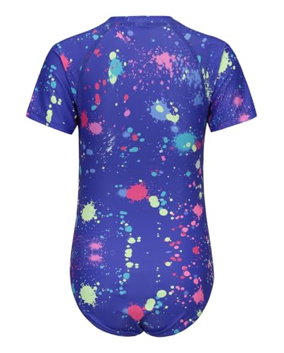 Image of Girls One Piece Rash Guard Swimsuits for Kids Girls Short Sleeve Bathing Suits with Front Zipper Swimwear 3-16 Years