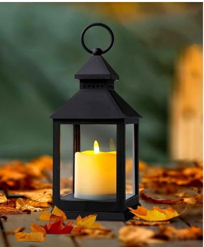 Black Decorative Lantern with Flameless LED Candle, Battery Powered, Timer Switch, Plastic and Glass, 25.4 cm-image-0