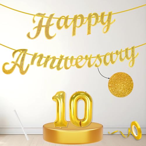 Image of Flyloons 10th Happy Anniversary Banner Gold Decorations Kit for Men Women Wedding Anniversary Banner Items without Balloons