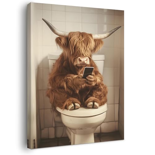 Alptiny Gerahmtes Badezimmer Wandbild 30×40 cm Lustige Handy Kuh auf Toilette Bad Deko für Gäste WC Badezimmer Bilder mit Haken Nägeln und Klettpads badezimmer Wanddeko sofort aufhängbar