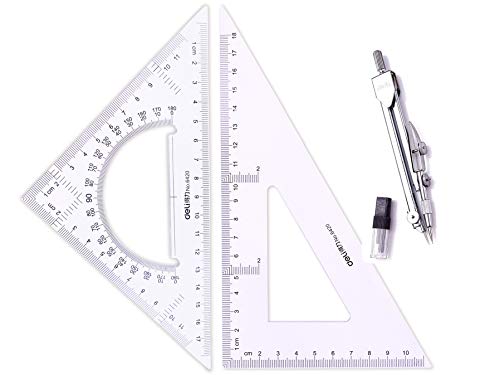3 Piece Student Geometry Math Set,Drawing Compass Triangle Protractor and Triangle Ruler