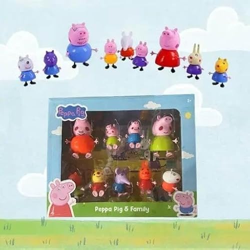 Lallafy Peppa Pig Figure Set of 9 Pieces | Pretend Play Toy Set with Peppa, George, Mummy Pig, Daddy Pig & Friends | Poseable Family & Friends Action Figures for Kids, Boys & Girls |