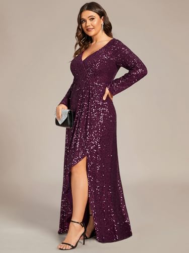 Ever-Pretty Women's V-Neck A-Line Pleated Long Sleeves Floor Length Plus Size Sequin Dress Formal Evening Gowns 50146-DA3