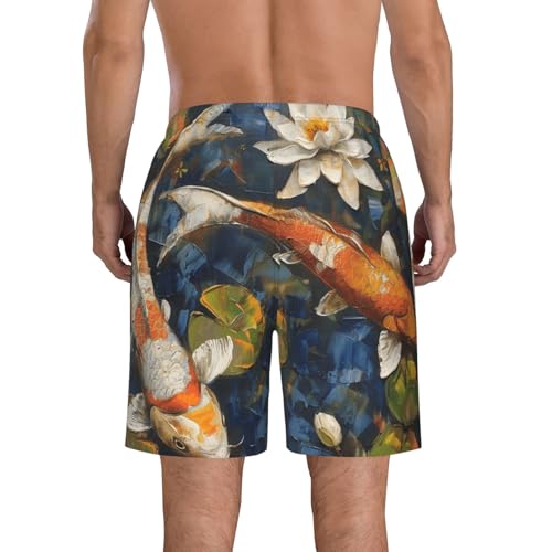 Men's Quick Dry Swim Shorts Fish Oil Painting Lotus Flowers Asian Style Beach Trunks with Pockets2