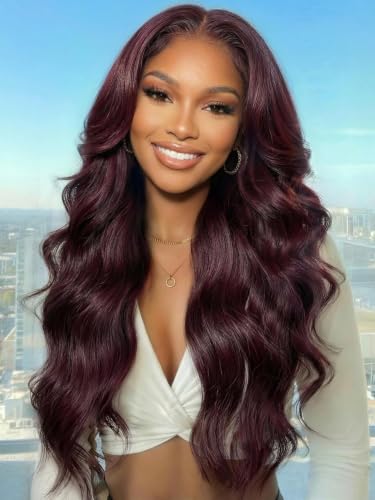 Image of KLAIYI Black Cherry Loose Body Wave Pre Eeverything 13x4 Lace Frontal Wigs Human Hair Bye Bye Knots Glueless Ready to Wear and Go Wig with Face Framing Bangs Drawstring Pre Plucked Burgundy Wig 18Inch
