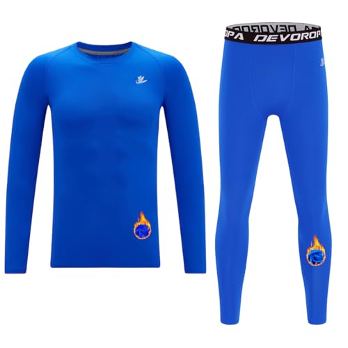 DEVOROPA Youth Boys Fleece Lined Compression Shirts & Pants Kids Girls Thermal Underwear Set Athletic Tops Leggings Baselayer Royal L
