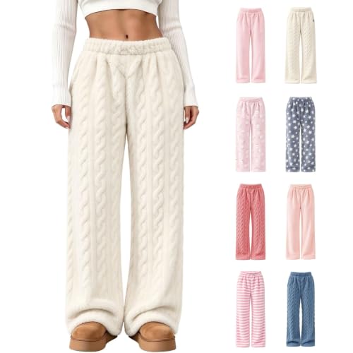 Womens Pajama Pants Warm Flannel Pj Bottoms Cute Fleece Sleep Pant Beige M