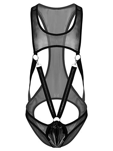 dPois Men See-Through Bulge Pouch Jockstrap Wrestling Singlet Bodysuit Strappy Underwear Black Large