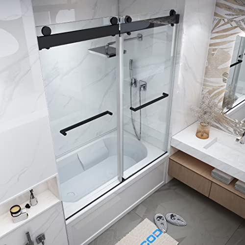 Mcocod Bathtub Shower Doors Frameless Double Sliding 56-60" W X 60" H With Soft Closing System 3/8"(10Mm) Clear Tempered Sgcc Shatterproof Glass Width Adjustable - Matte Black #TOP2