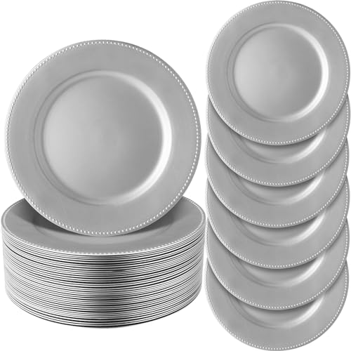Jinei 36 Pack Silver Charger Plates 13 Inch Plastic Beaded Round Charger Plates Wedding Table Decoration Reusable Dinner Plate Tray for Birthday Party Holiday Event