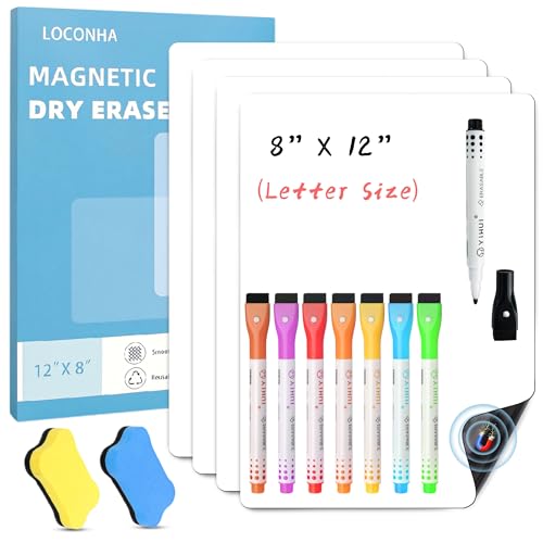 LOCONHA 4PCS Small Magnetic Dry Erase Board Sheet for Refrigerator, Fridge Whiteboard for Kitchen, 12