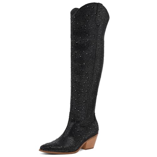 Women Rhinestone Over the Knee Cowboy Boots, Sparkly Bling Cowgirl Boots Western Thigh High Boots Pull-On Side Zippers Chunky Heel Pointed Toe Size5-12 For Fashion&Daily