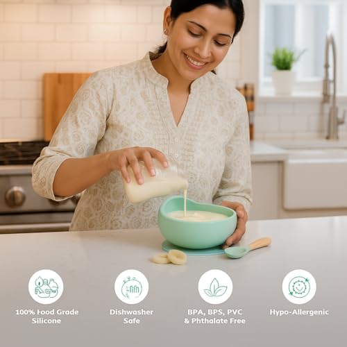 Image of Baby Feeding Bowl & Spoon Set | Silicone Suction Bowl for Baby Food | BPA-Free Baby Bowl and Spoon Set | (Green)