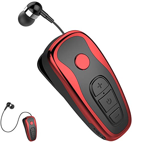 Retractable Wireless Headphone Headset Stereo Earphone lightweight V5.0 Noise Cancelling Mic Clip on Earpiece workout Sports running Business Trucker Driver Music Earbuds For Iphone android Phone Red