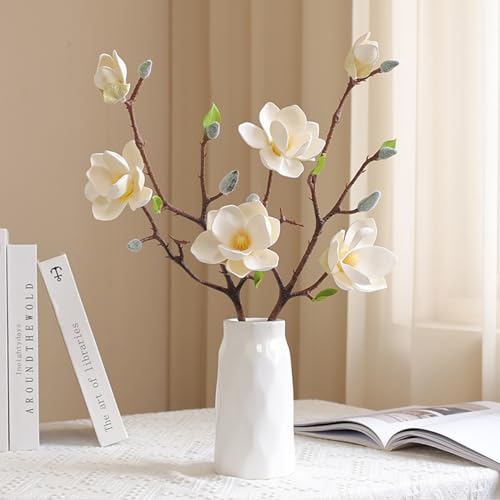 kijing 3 flores de simulación de magnolia de 20 pulgadas, tallo largo, verdadero tacto, arreglo para decoración interior del hogar, boda, decoración del hogar (3, blanco)