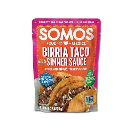 Image of SOMOS Birria Simmer Sauce - Taco Sauce with Guajillo Peppers, Tomatoes, & Mix of Spices - Gluten Free - Plant Based - Non-GMO - All Natural - Great for Beef, Chicken, & More - 8oz (6 Pack)