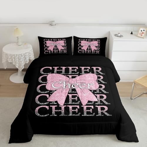 Image of Feelyou Cheer Bow Bedding Set Soft for Boys Girls, Cheerleader Comforter Set Full Size Funny Sport Duvet Quilt Microfiber Light Pink Bedroom Decor 3 Pcs with 2 Pillow Cases