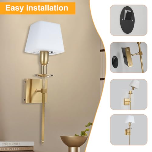 Image of Neoglint RGB Battery Operated Wall Sconces Set of 2, Wireless LED Wall Lights Indoor with App Control, Dimmable Rechargeable Gold Wall Lamps, Music Sync, Timer for Bedroom Living Room Gaming