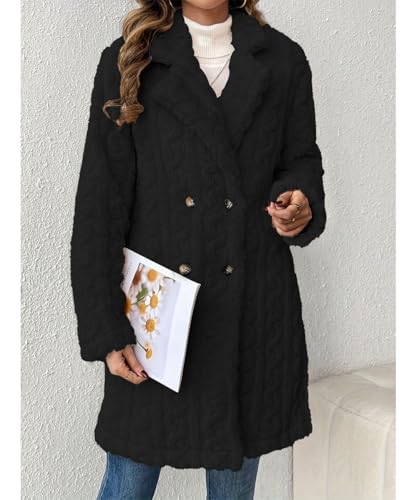 GRMLRPT Damen Lang Winterjacke Revers Parka Elegant Trenchcoat Mantel Oversize Plüschjacke Plüschmantel Teddy Fleece Jacke Cardigan Outwear Coat(Schwarz,XXL)